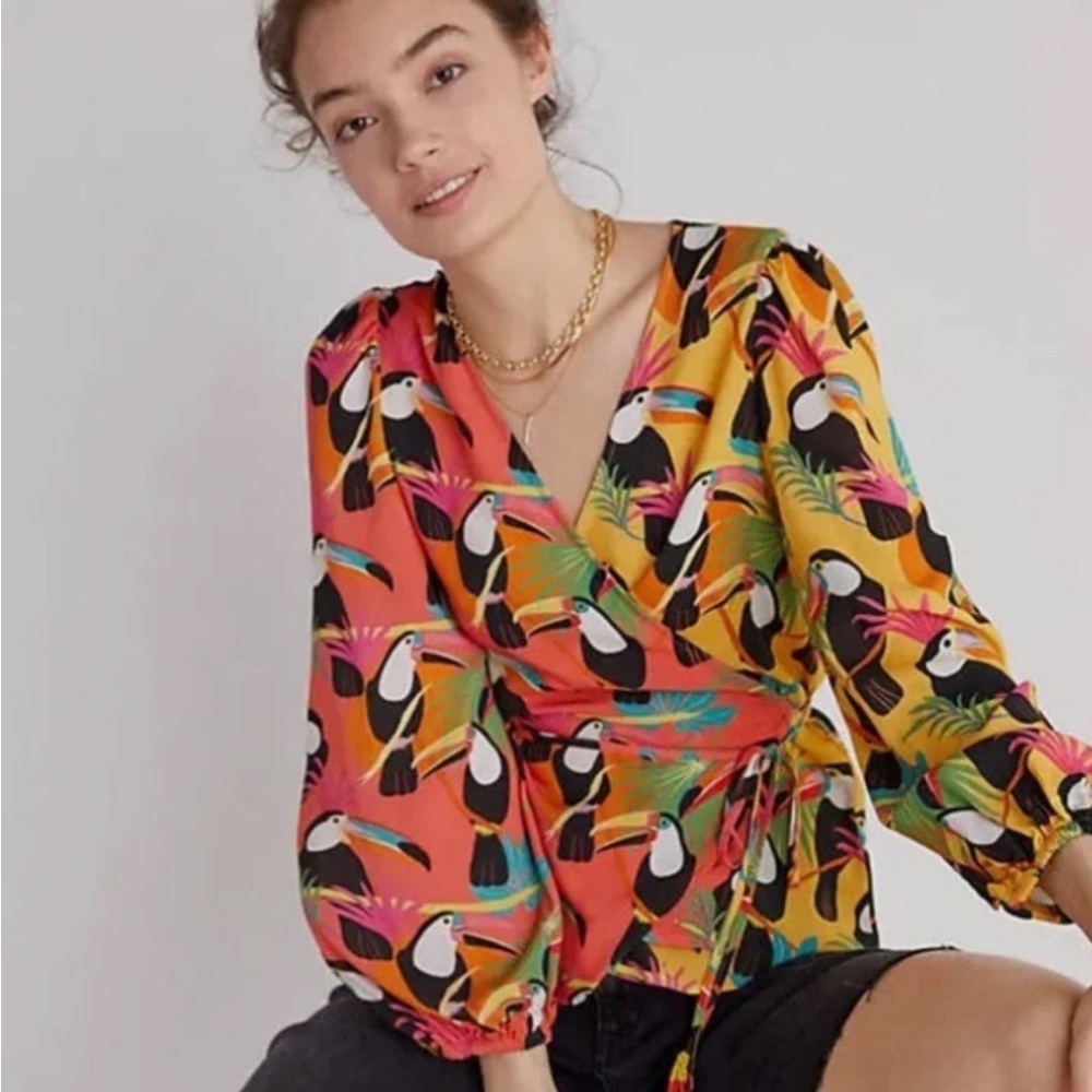 Anthropologie Farm Rio Rainforest Tropical Toucan Wrap Blouse S